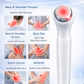 White handheld electric body massager with ergonomic handle and adjustable speed controls for deep tissue muscle relief. 5