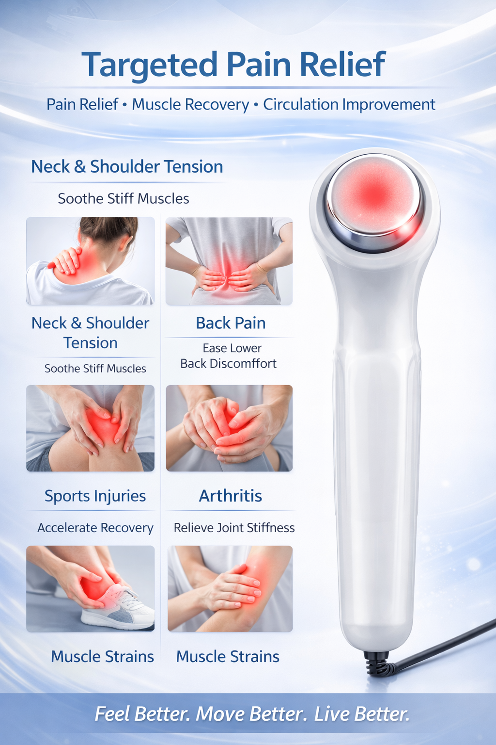 White handheld electric body massager with ergonomic handle and adjustable speed controls for deep tissue muscle relief. 5