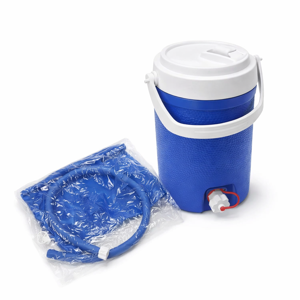 Blue insulated beverage cooler with spigot tap and carry handle for camping and outdoor use. 