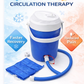Blue insulated beverage cooler with spigot tap and carry handle for camping and outdoor use. 4