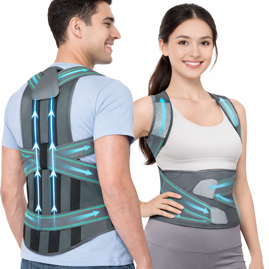 Adjustable back posture corrector for lower back pain relief and shoulder support - breathable mesh design.