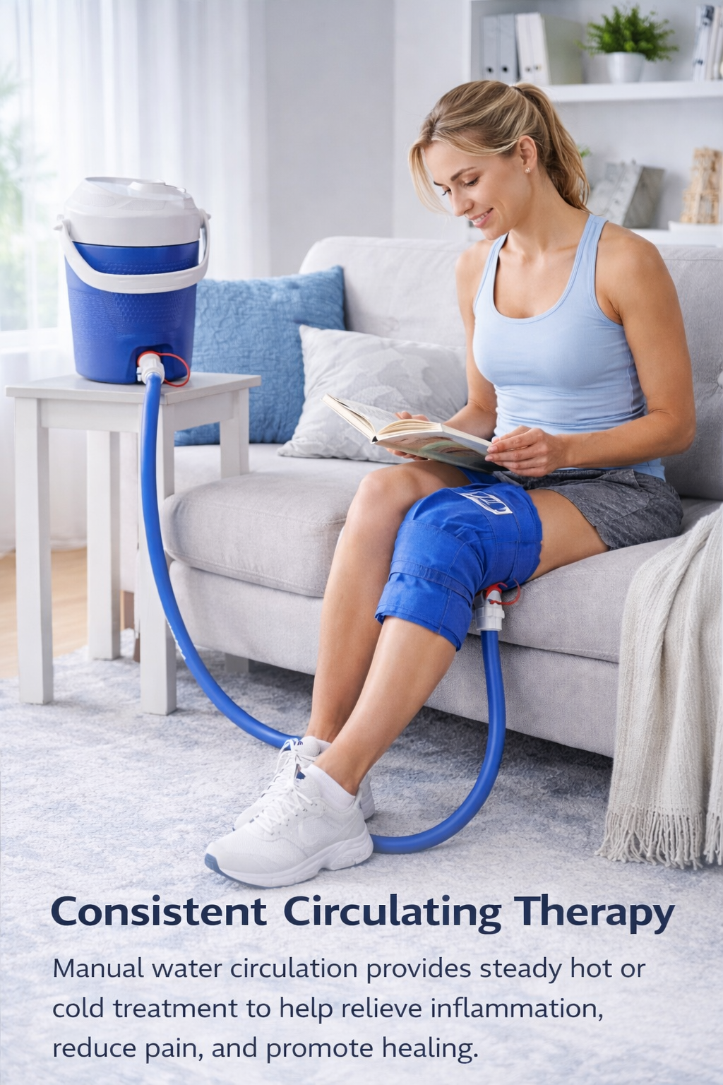 Blue insulated beverage cooler with spigot tap and carry handle for camping and outdoor use. 2