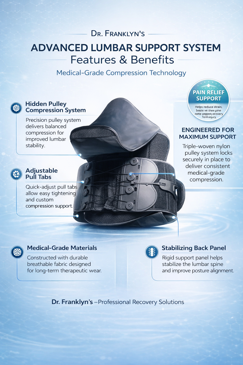 Adjustable lumbar support back brace belt for lower back pain relief. 1