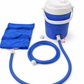 Blue insulated beverage cooler with spigot tap and carry handle for camping and outdoor use. 1