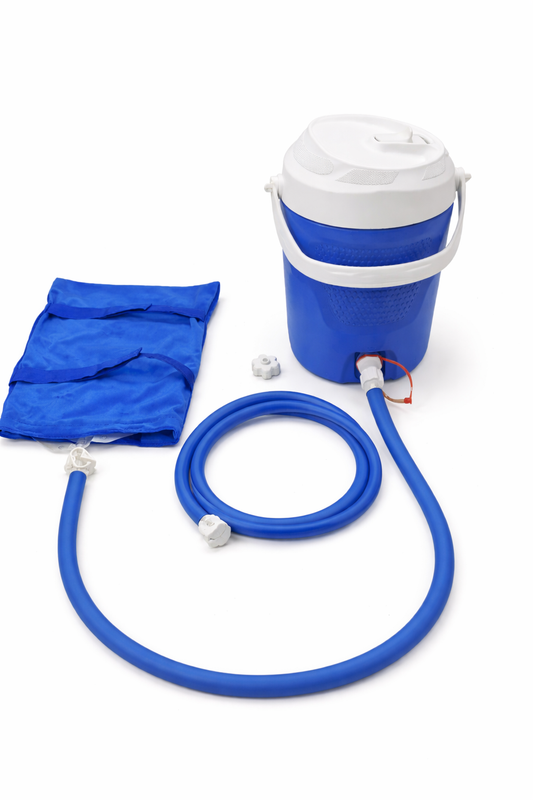 Blue insulated beverage cooler with spigot tap and carry handle for camping and outdoor use. 1