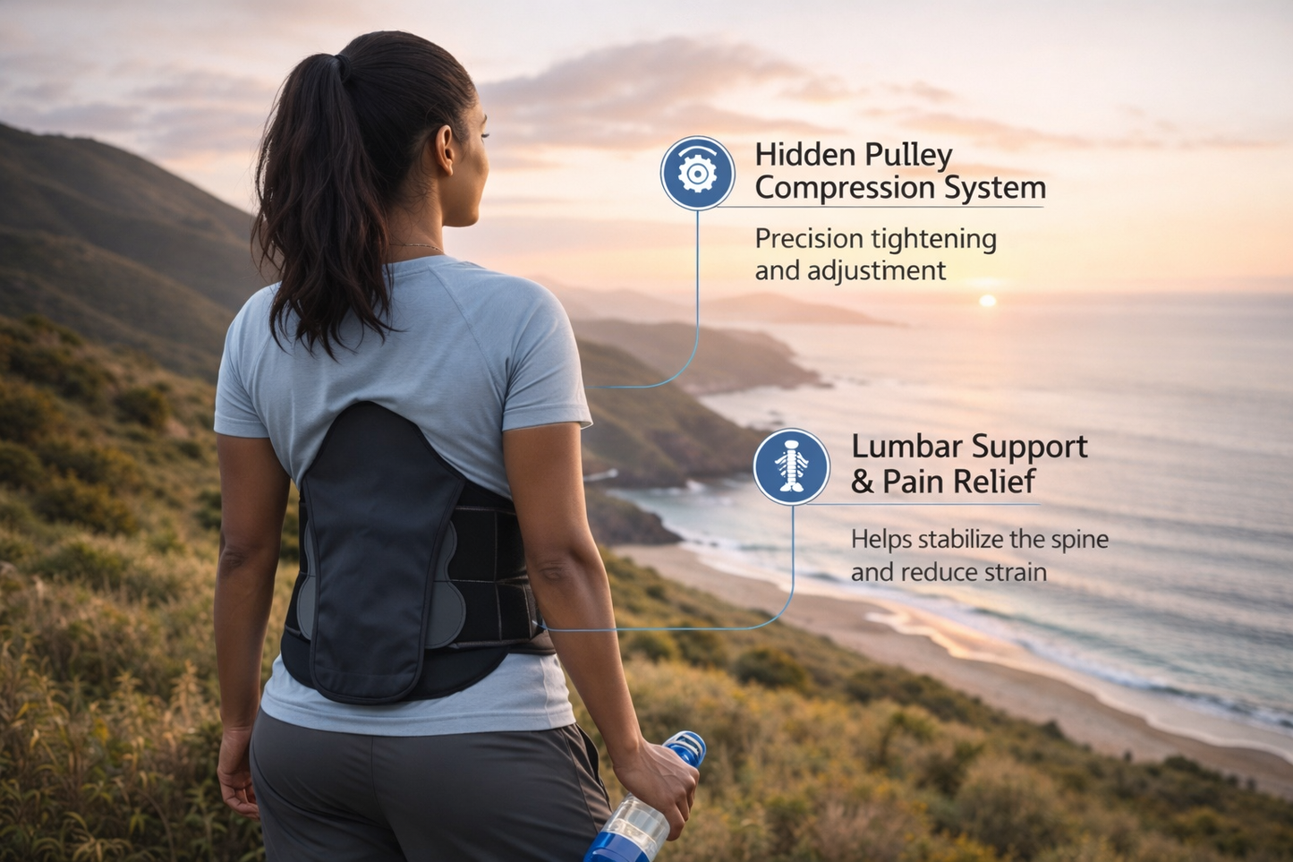 Adjustable lumbar support back brace belt for lower back pain relief. 2