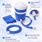 Blue insulated beverage cooler with spigot tap and carry handle for camping and outdoor use. 5