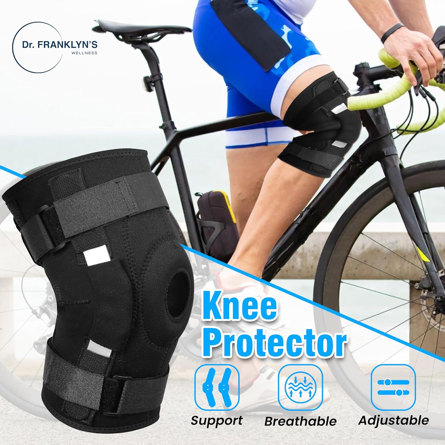 Dr. Franklyn's Hinged Knee Brace - Open Patella Compression Brace with Adjustable Straps - Injury & Arthritis Pain Relief & Recovery - for Men & Women