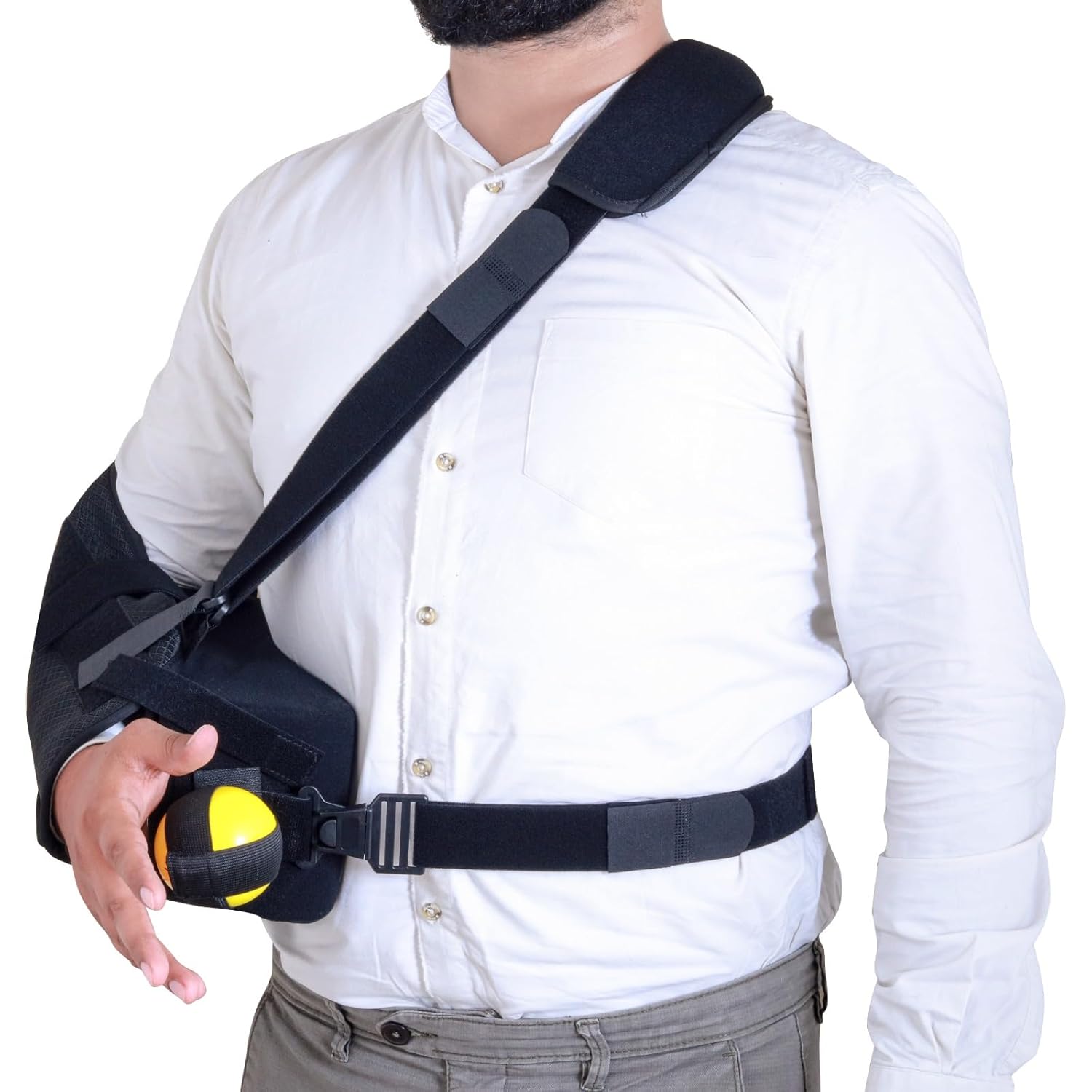 Shoulder Sling - Shoulder Abduction Pillow for Injury Support - Arm Sling Immobilizer for Rotator Cuff, Surgery & Broken Arm - Brace Includes Pockets, Foam Stress Ball and Wedge (Black)